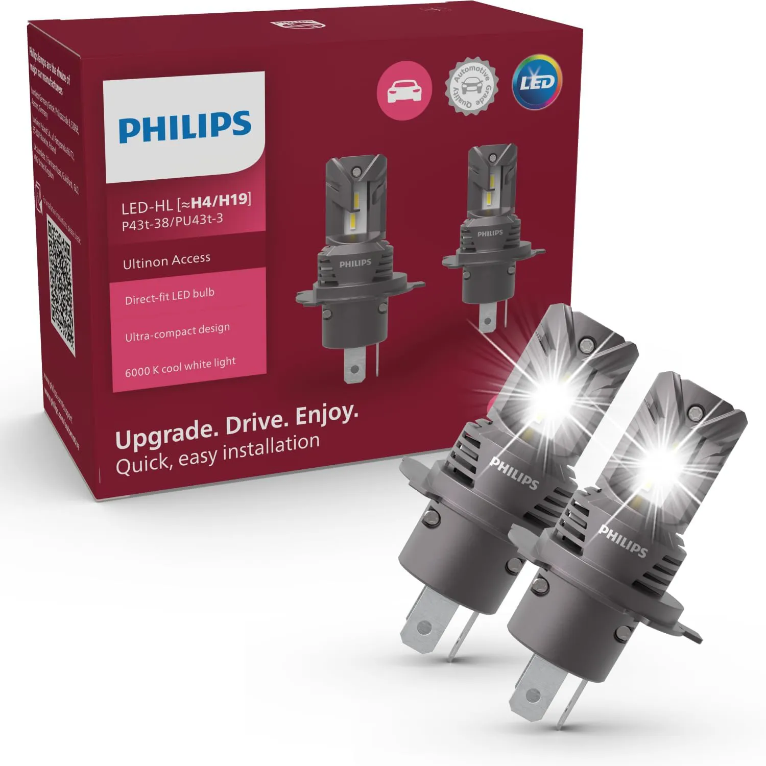 Philips Ultinon Access LED lampadina fari auto (H4), ultra-compact direct-fit, +80%, 6.000K, set di 2<br>