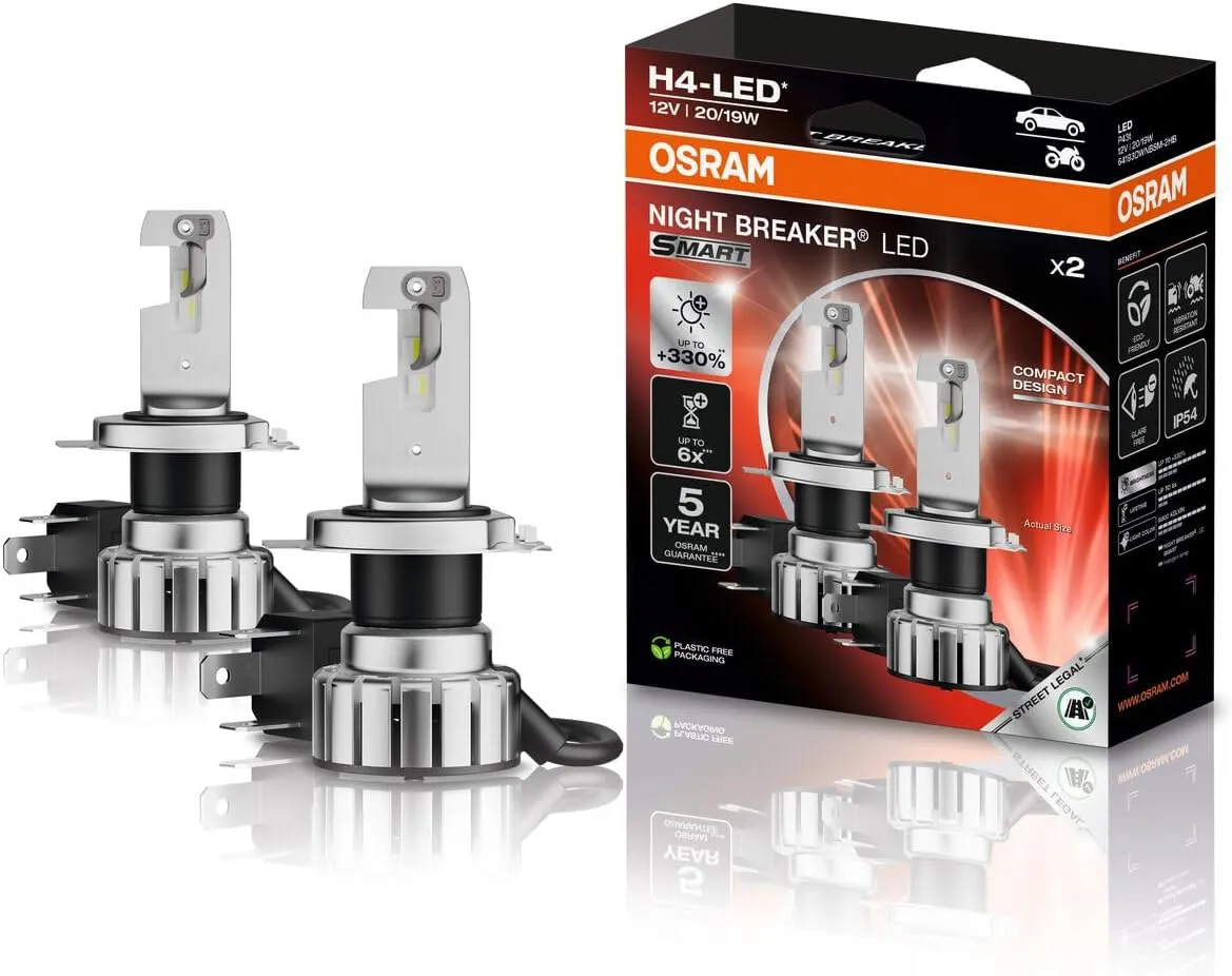 OSRAM NIGHT BREAKER LED SMART H4; fino al 330% di luminosità in più; Luce abbagliante e anabbagliante a LED omologata per uso stradale, 6000K, 12V